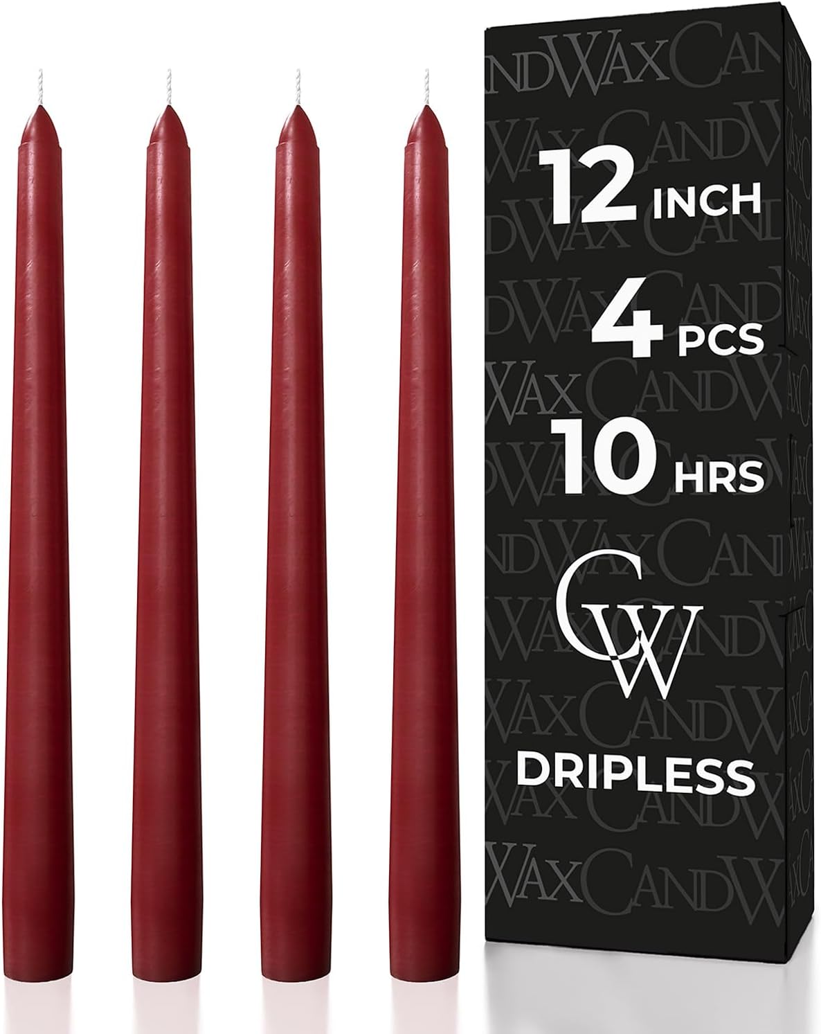 CANDWAX 12 Inch Burgundy Taper Candles Pack of 4 - Unscented Smokeless Dripless for Christmas Decor, Dinner Centerpieces, Parties