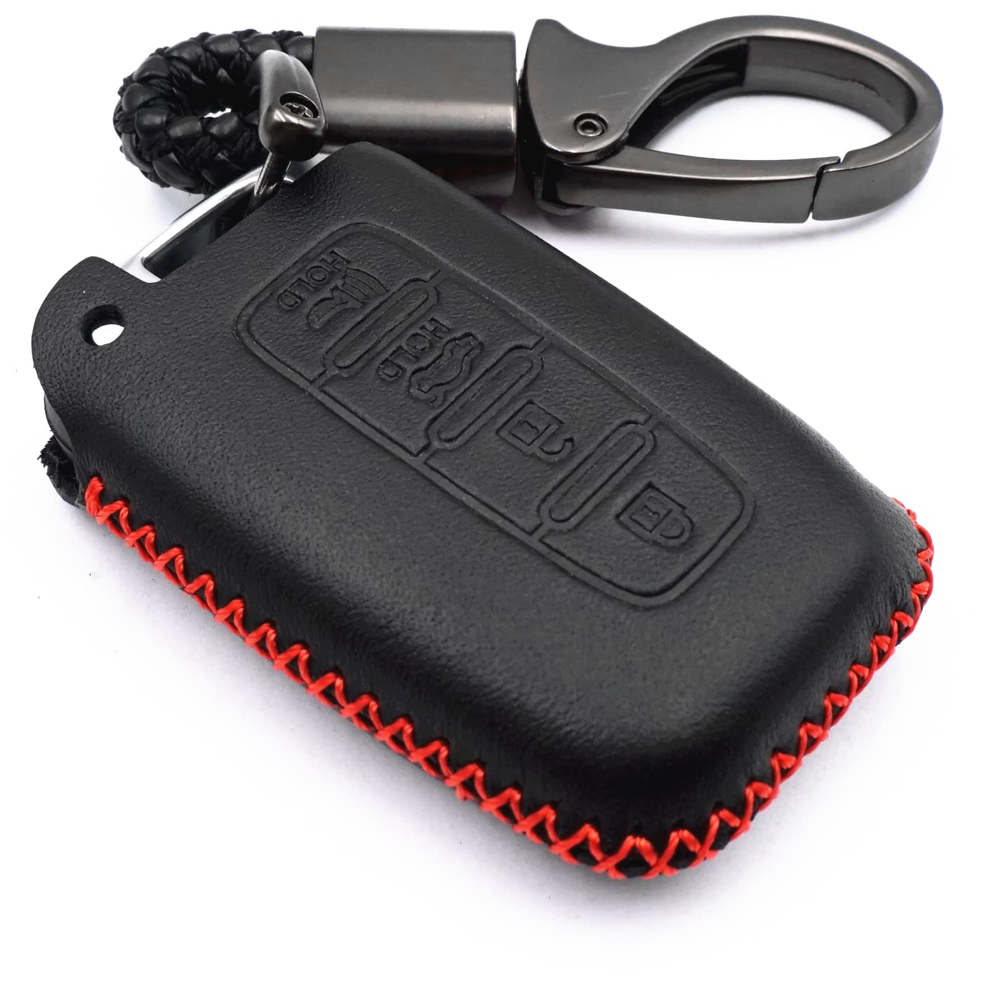 MJKEYAuto Black Leather 4 Buttons Smart Remote Key Fob Cover Chain Case for Hyundai Azera Elantra GT EQUUS Genesis Coupe Santa FE Sonata Tucson Veloster for KIA Borrego Forte Sorento Soul SPORTAGE