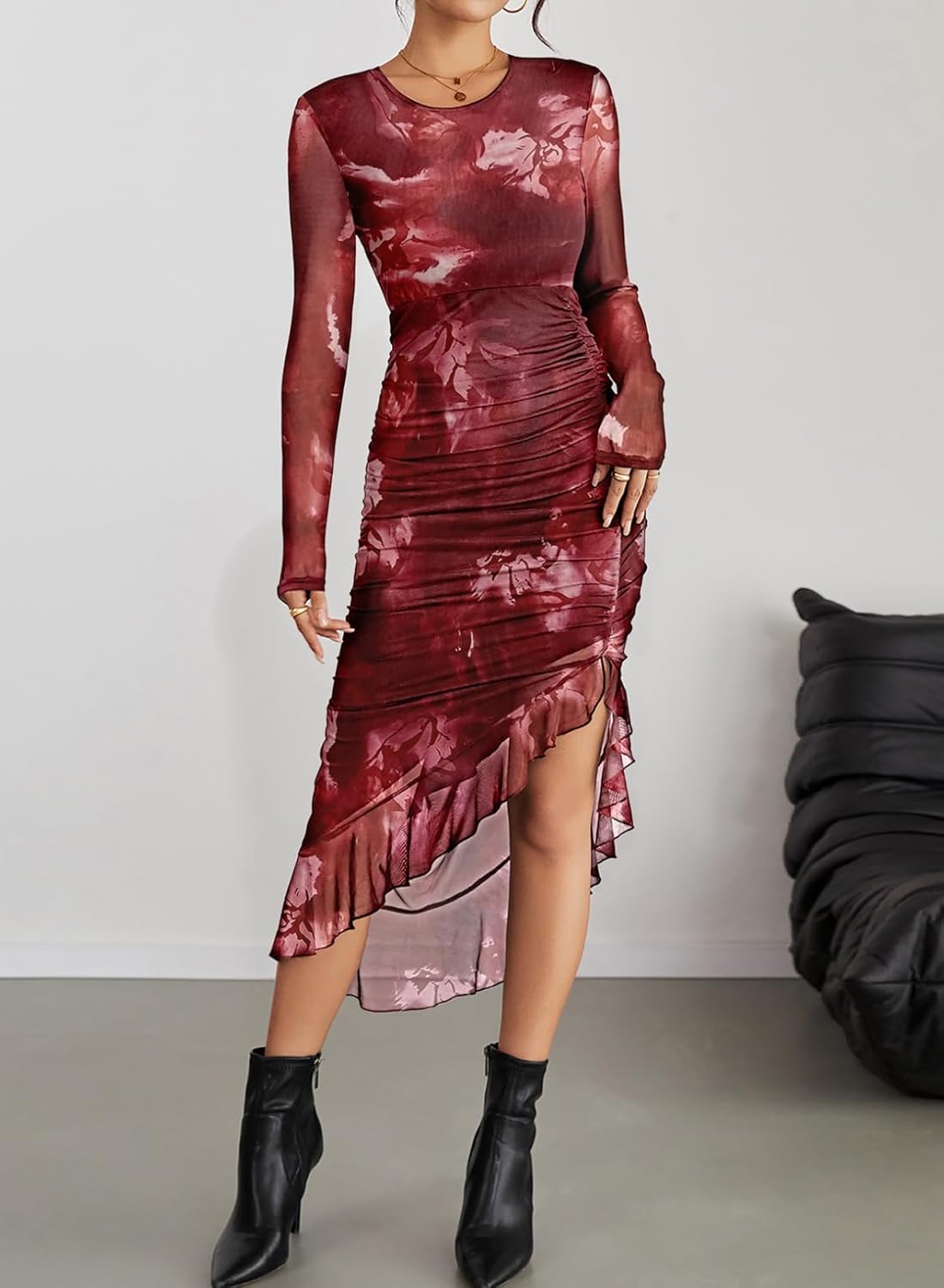 Pink Queen Women's Sexy Mesh Bodycon Dress Fall Long Sleeve Asymmetric Hem Ruffle Floral Print Party Club Ruched Midi Dresses - Image 8