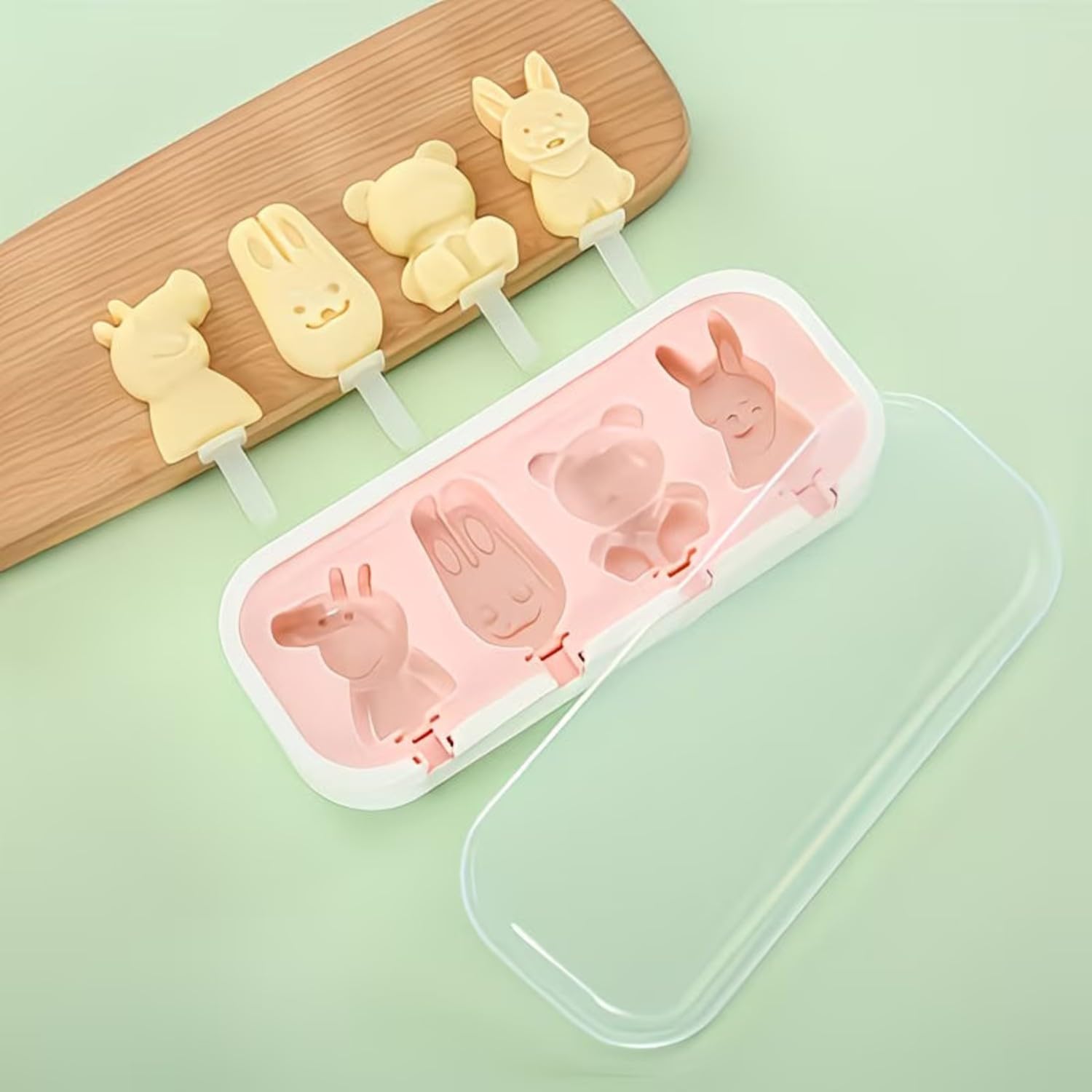 4 Cartoon Shape Cavity Non-Stick Silicone Ice Cream Mould with Lid & 6 Plastic Sticks Reusable Ice Lolly, Frozen Candy, Kulfi Molds, BPA-Free Stackable DIY Icecream Popsicle Maker (Multicolor)-image-25