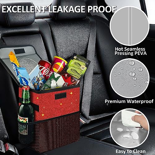 Image of Car Trash Can, Cute Mini Trash Bag With Lid, Glitter Garbage Bin Hanging for Back /Front Seat /Console, Waterproof, Leakproof, 2.5 Gallon, Red Bling Sparkly