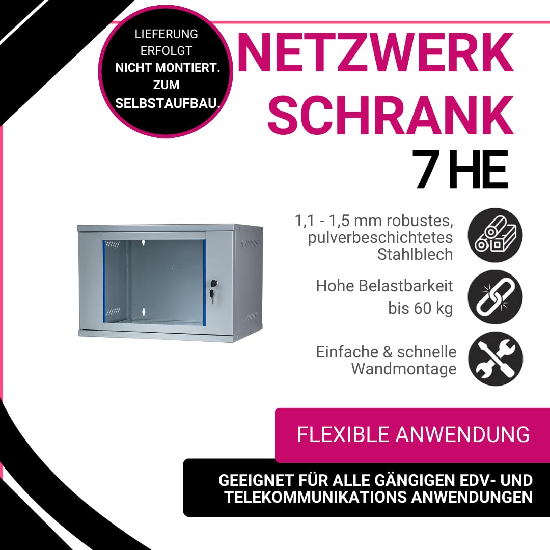 Netzwerkschrank 19 Zoll 7 HE I 400 mm Tiefe I Serverschrank Grau I Wandmontage I abschließbare Glastür I unmontiert I 60 kg Traglast I 543 x 400 373 mm (Grau, 7 HE)