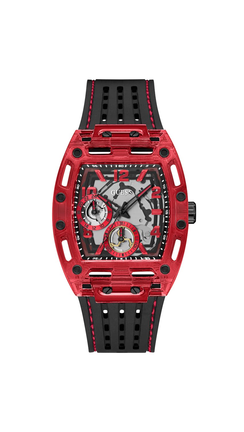 GUESS Men's 41mm Watch - Black Strap Black Dial Red Case
