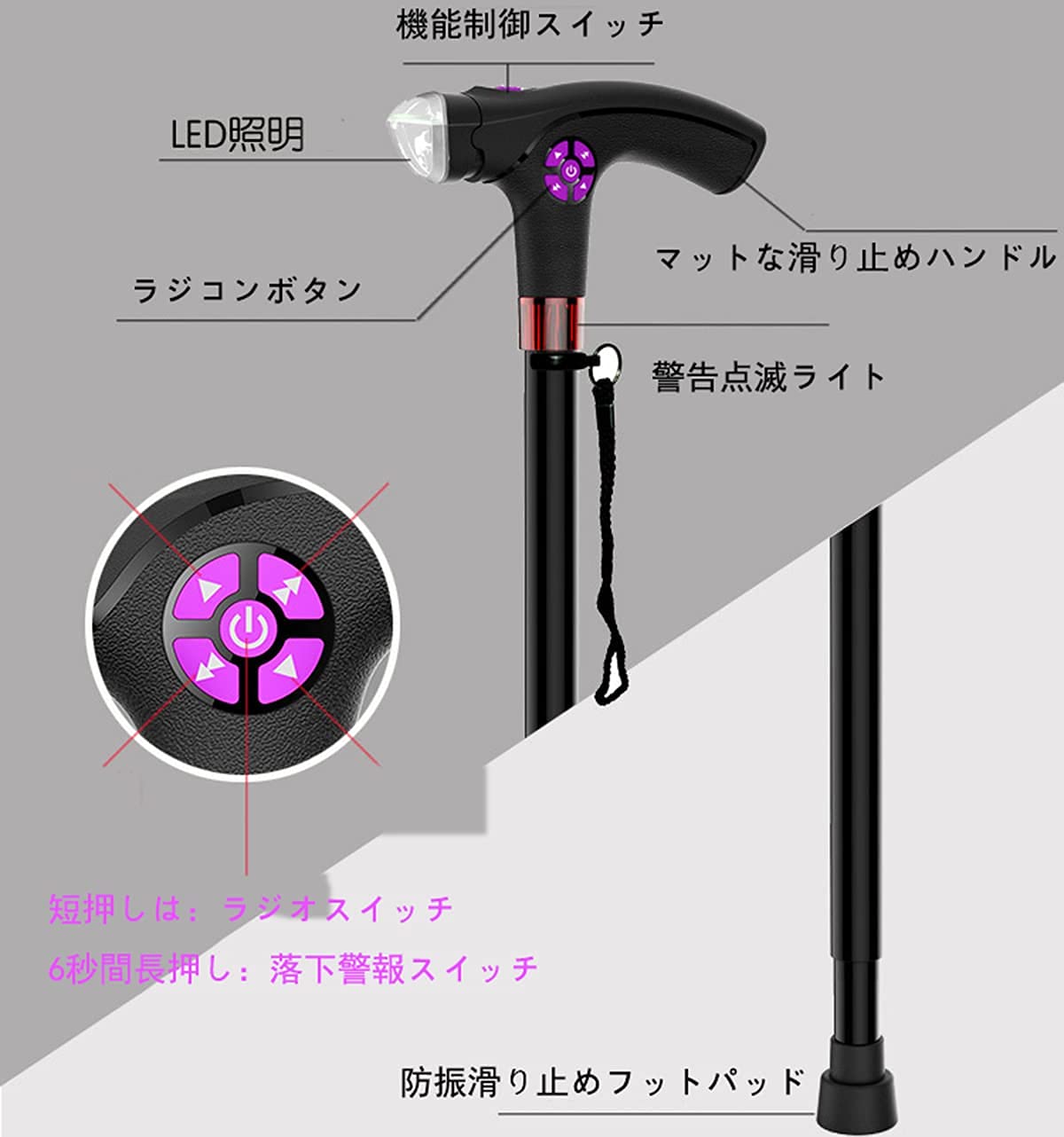 Bastón para caminar plegable inteligente, muleta electrónica multifuncional, bastón de trekking con ayuda para caminar con luz escalable, altura ajustable, color negro,Single leg (Dual Use)