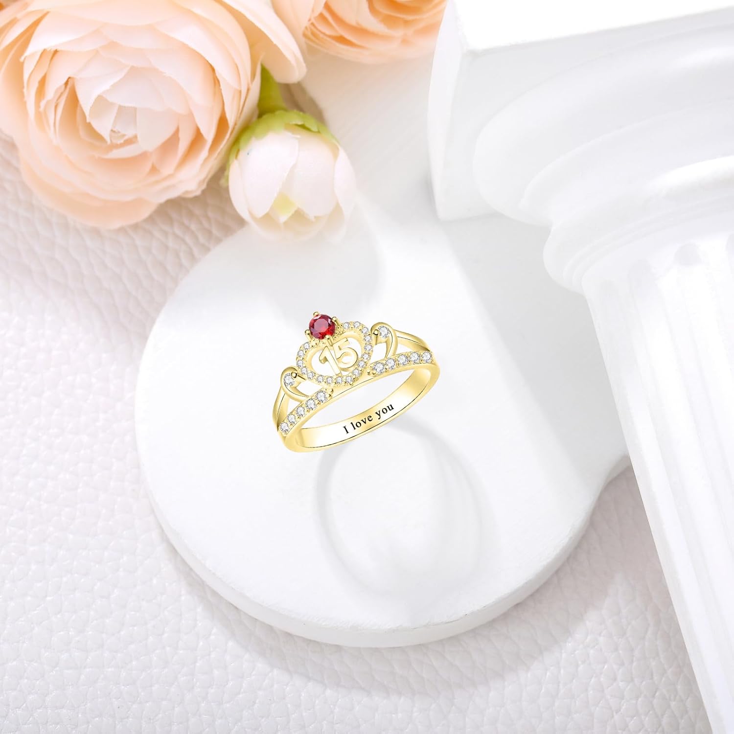 Personalized Sweet 15 Crown Quinceanera Ring 925 Sterling Silver Engraving Text Customized Birthstones 15th Birthday Ring Gift for Women