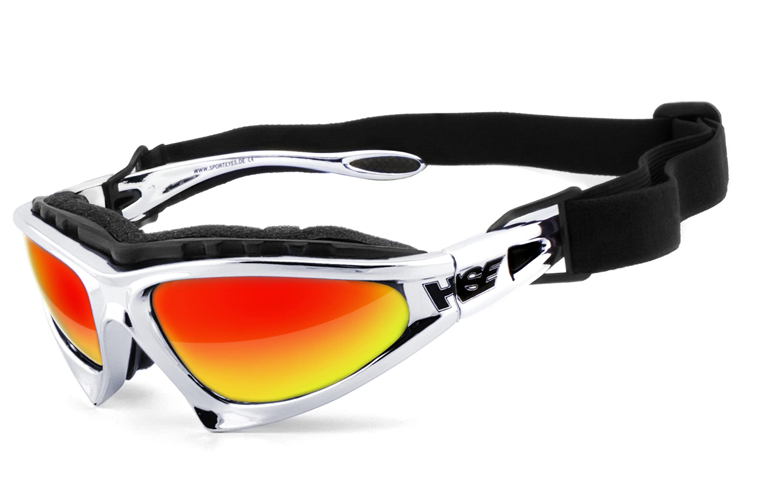 HSE SportEyes® | beschlagfrei, winddicht, HLT® Kunststoff-Sicherheitsglas nach DIN EN 166 | Sportbrille, Radbrille, Sonnenbrille | Brille: 2050 (rot verspiegelt - Chrom)