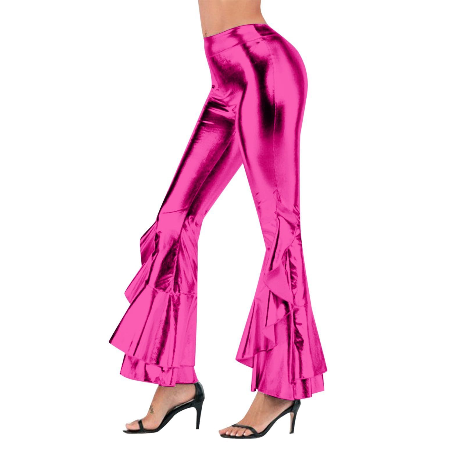 Flare Trousers Shiny Metallic Faux Leather Leggings Women High Waisted Ruffled Bell Bottom Pants Retro Disco Style for Festival Performance Party Wear Figure Rave Outfits Clubbing L Hot Pink