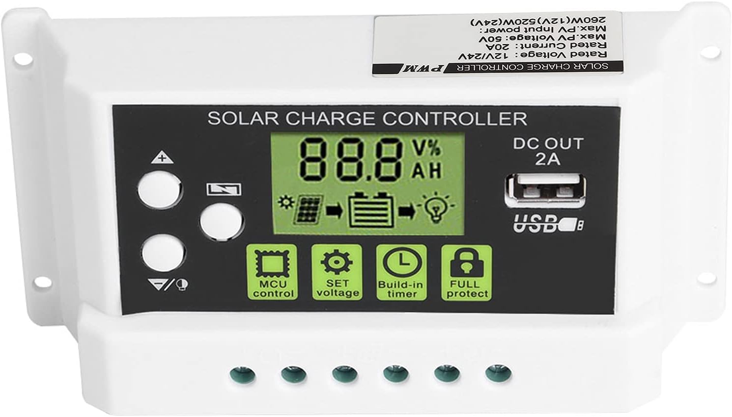 Close-up of the LCD display and control buttons on the Vikye KYZ-20A Solar Charge Controller.