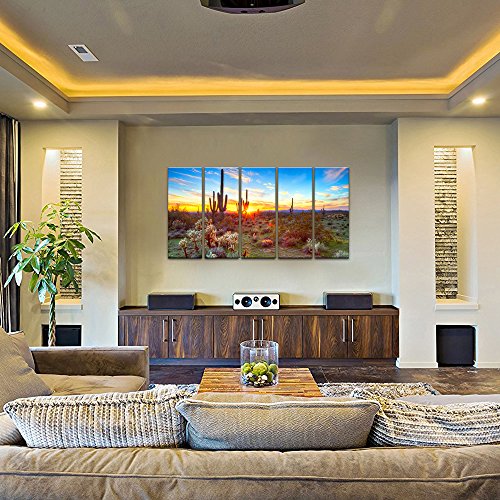Sechars Extra Large 5 Piece Canvas Painting North American Sonoran Desert At Sunset Picture Print On Canvas Botanical Cactus Landscape Artwork For Living Room Ready To Hang Each Piece 12"X32" #TOP1