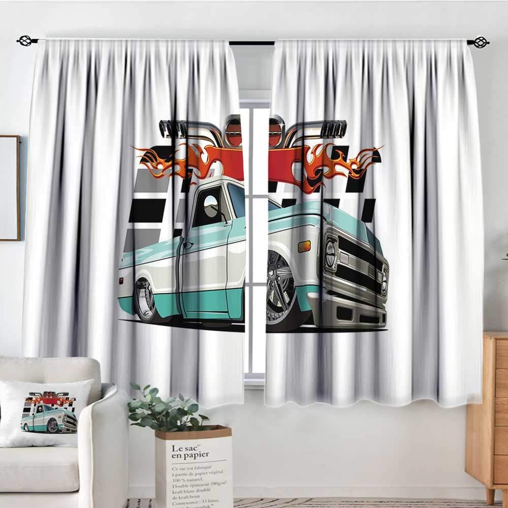 Elliot Dorothy Window Curtains Truck,Lowrider Pickup with Racing Flag Pattern Background Speeding on The Streets Modified,Multicolor,Fashionable Illustration Customized Curtain 42"x54"
