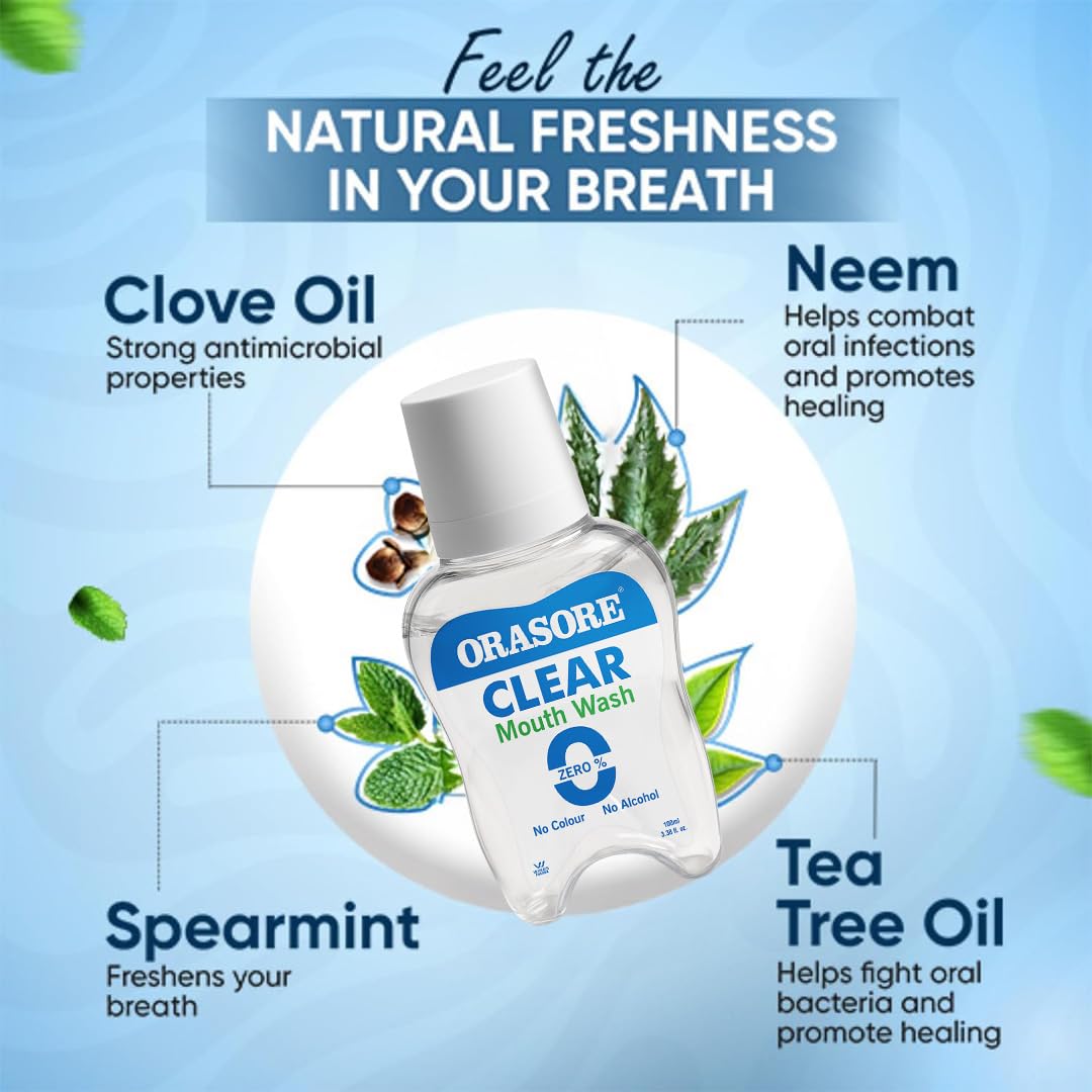 ORASORE Clear Mouthwash | Kills Bad Breath & Stops Tooth Decay | 100% Ayurvedic With 12 Ingredients Including Miswak Suitable For Men, Women, Children | 100 Ml 1