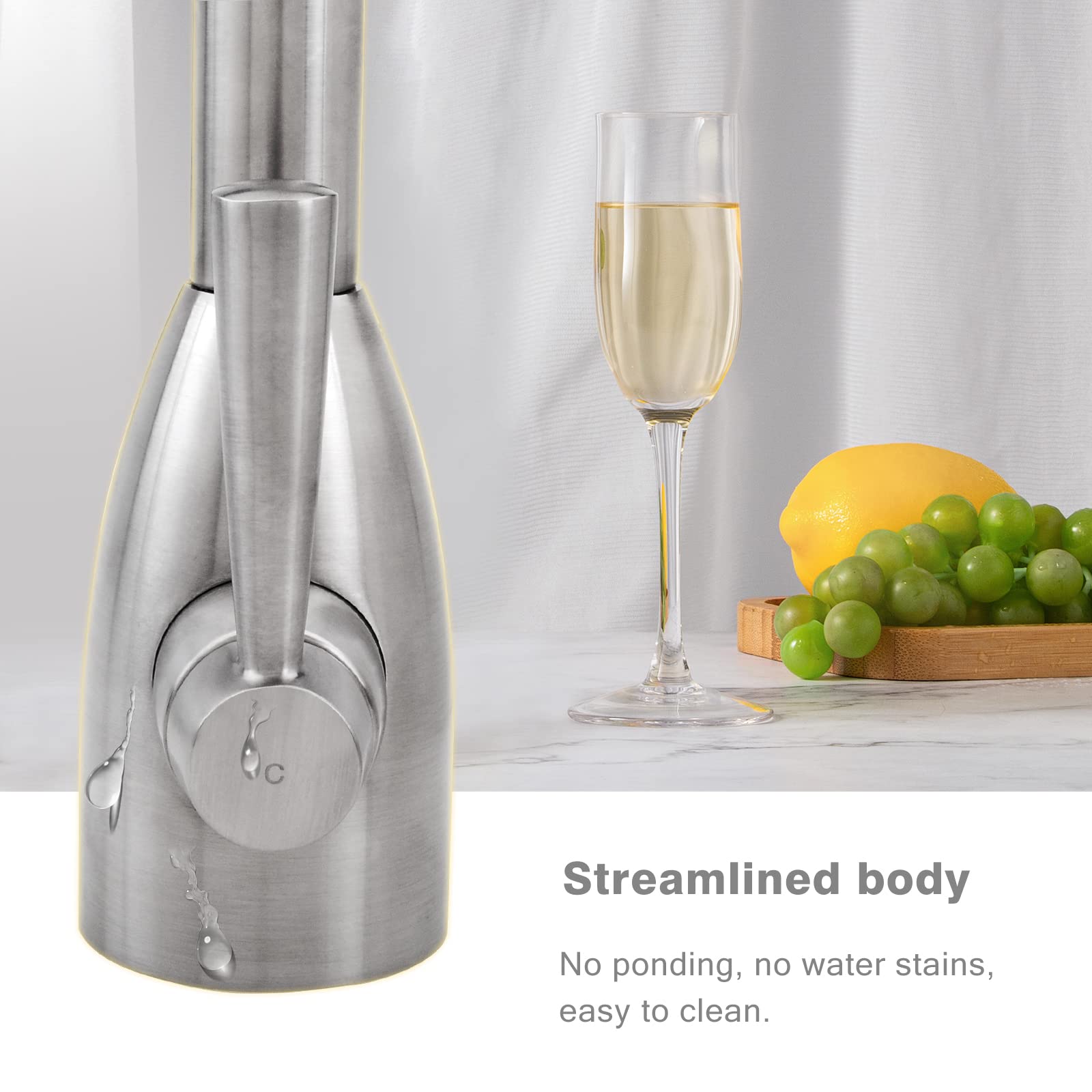 Peppermint Brushed Nickel Kitchen Sink Tap Mixer Modern Design High Arc Gooseneck Brushed Steel Kitchen Sink Taps Twin Lever Faucet 360 Swivel Spout Dual Handle - Image 4