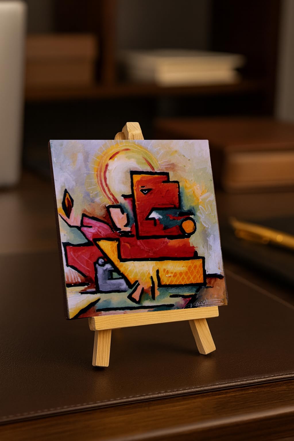 Ganesha Canvas Art Print with Wooden Easel, 4x4 inch Painting, 6x3 inch Easel, Multicolour, Water Colour, Matte Finish, Table Décor
