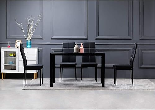 Miniatura 5 de Juego de 4 sillas de comedor elegantes con decoración de 6 rejillas, asiento de piel sintética y marco de metal, respaldo blanco cojín negro