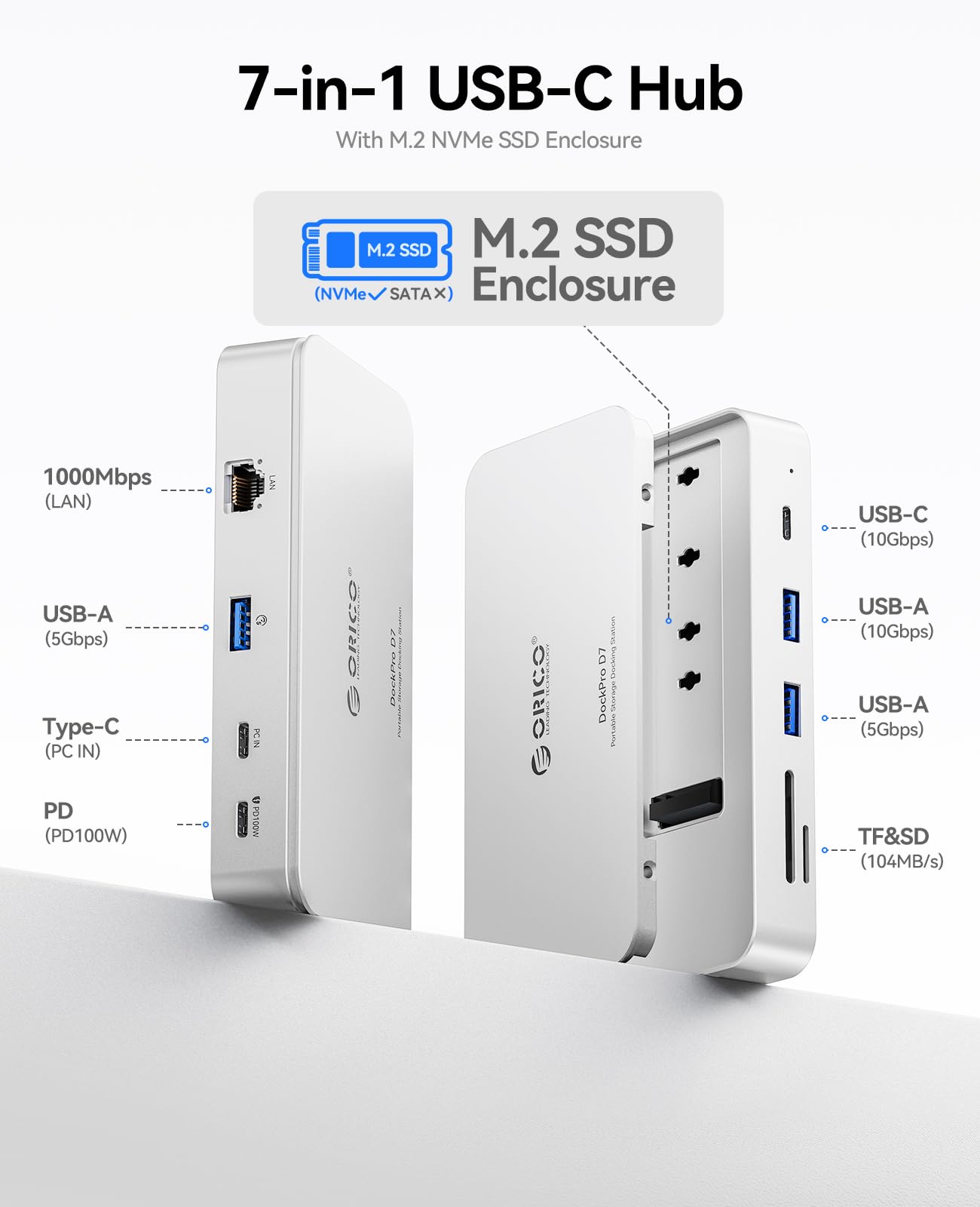 ORICO 7 IN 1 USB C Hub mit 8TB M.2 NVMe SSD Gehäuse | Docking Station mit 10 Gbps USB-C & USB-A ports,2* 5Gbps USB-A,3.0 SD/TF, 100W PD, Gigabit Ethernet,Kompatibel für Laptop-D7