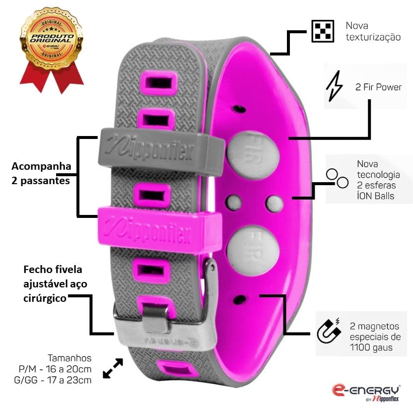 Bracelete/Pulseira Magnético FIR ÍON - E-energy - Cinza/Rosa (P/M