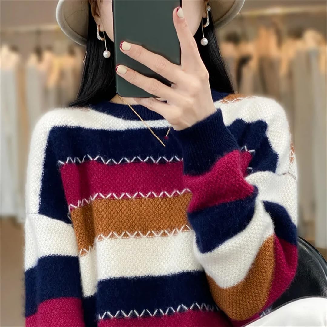 Suéter de cachemira para mujer, producto de otoño e invierno, cuello redondo, color de contraste