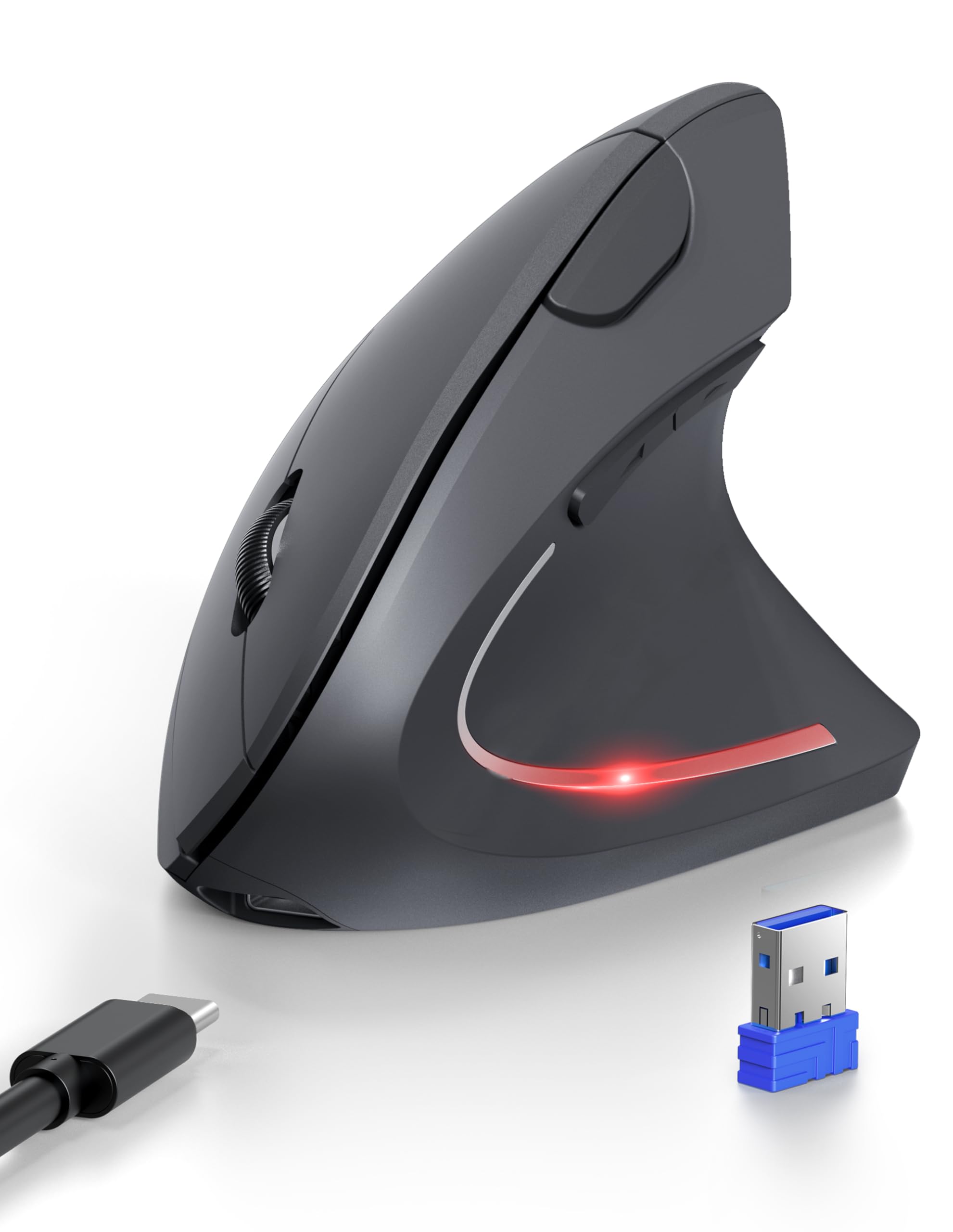 TECKNET Mouse Verticale, Mouse Bluetooth Ergonomico Ricaricabile, Wireless Ottico Right Handed 6 Pulsanti, Multi-dispositivo (BT5.0/3.0+USB-A), 4800 DPI 6 Livelli Regolabili,Ampia compatibilità-Grigio