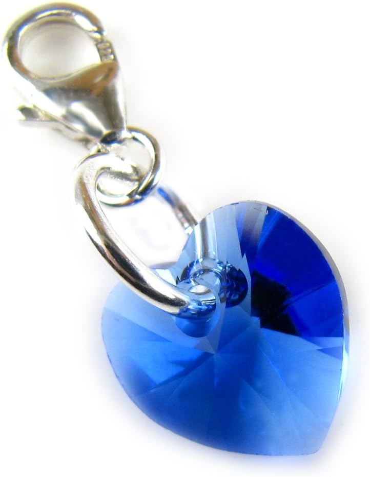 Small Blue Sapphire Crystal Heart Clip Charm with Sterling Silver and Crystal from Swarovski® for September Birthstone