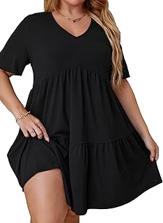 Women's Plus Size V Neck Short Sleeve A Line Ruffle Hem Babydoll Flowy Dress - Buy now