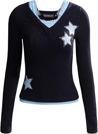 CUTEGAL Star Print Tops Long Sleeve Crop Top V Neck Sweatshirt Button Down Y2K Fall Spring Outfits Sweatshirt
