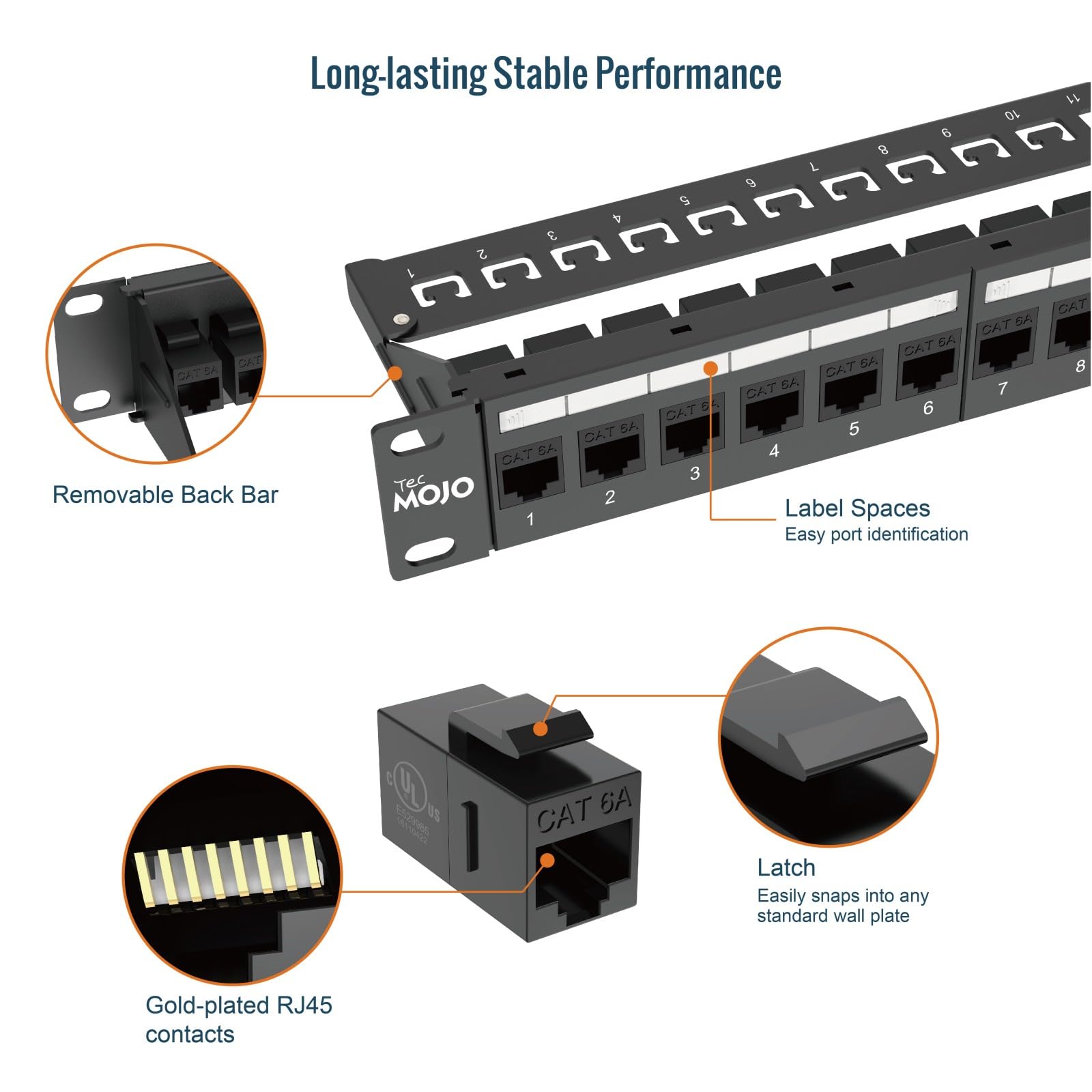 Tecmojo Panel de conexión de red Cat6A de 19 pulgadas para interruptor de red, estantes de servidor de 19 pulgadas y armarios de red, soporte de 10G, montaje en rack, con gestión de cables (panel de