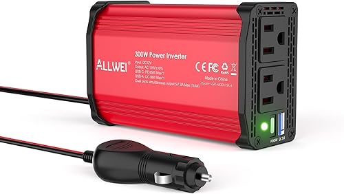 Miniatura 10 de ALLWEI Inversor de corriente de automóvil de 300 W CC 12 V a 110 V CA inversores de corriente para vehículos, convertidor USB-C PD65W18 W USB