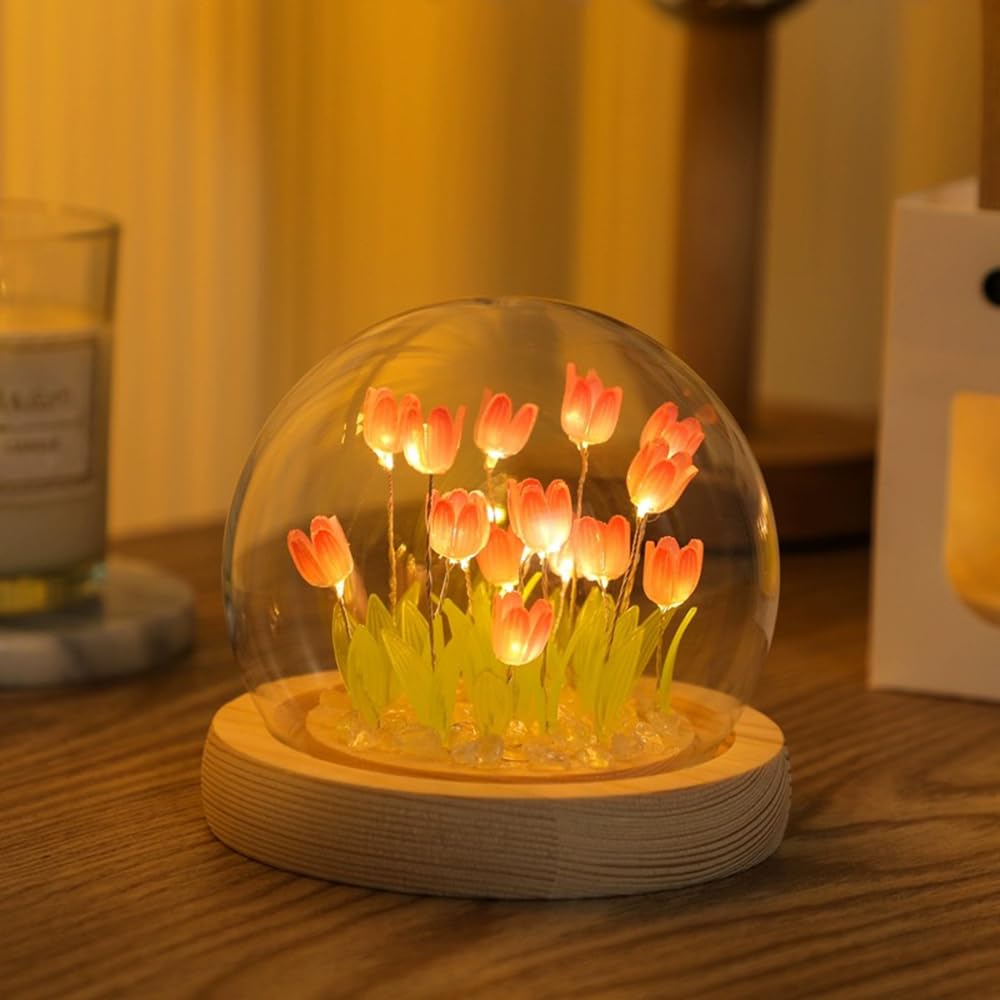 GUOCHENG LED Tulip Night Light Battery Powered Handmade Tulip Table Lamps DIY Simulation Flower Bedside Sleeping Lights, Mini Tulip Decors for Home Bedroom Nursery(Pink)