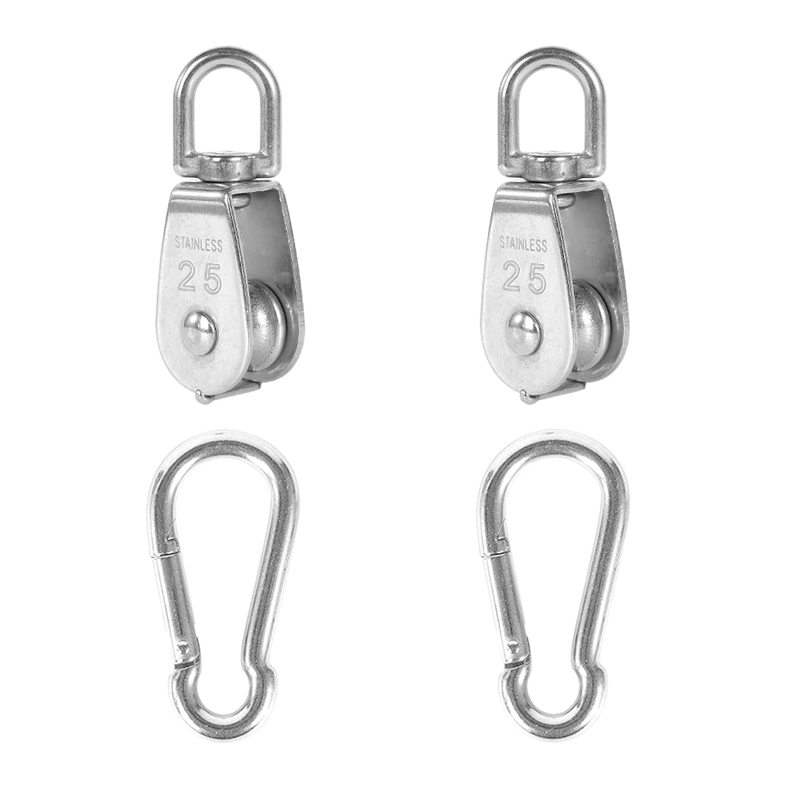 2Pcs 304 Stainless Steel M25 Single Pulley Block, Wire Rope Hanging Wire Towing Wheel, with 2Pcs Spring Snap Hook