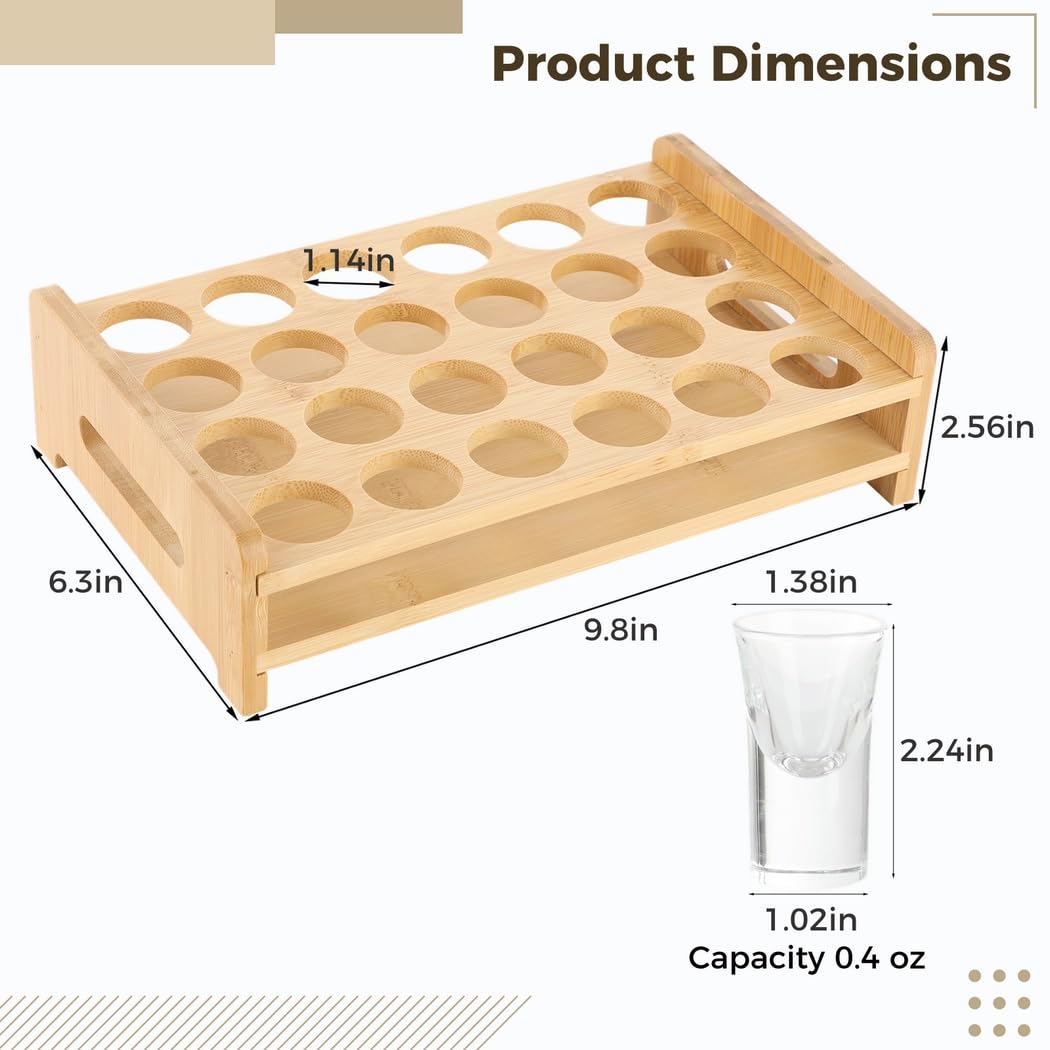 Juego de 24 vasos de chupito redondos con bandeja de madera, vasos de cristal de 0.4 onzas para whisky, tequila y cócteles