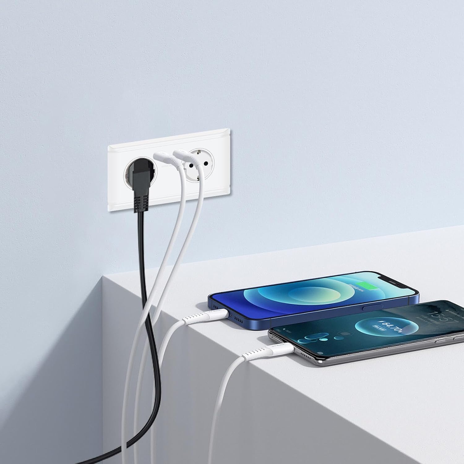 Nineleaf Unterputz Doppel-Steckdose mit 2 USB-Anschlüssen (2.1A) 3PK- Weiße Schuko Steckdose mit Glasfront - Schnellladefunktion für Smartphones, Kopfhörern, Powerbanks und kleinen Elektronikgeräten