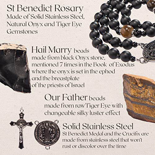 St Benedict Black Rosary Beads Catholic – Rugged Onyx Rosary – Handcrafted Stone Antique Rosary with Stainless Steel St Benedict Crucifix and Medal - Rosarios Catolicos para Hombre3