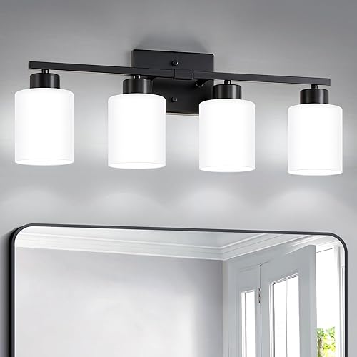 Lámparas de baño color negro, lámpara de tocador moderna de 4 luces sobre espejo, apliques de pared con pantallas de vidrio esmerilado blanco