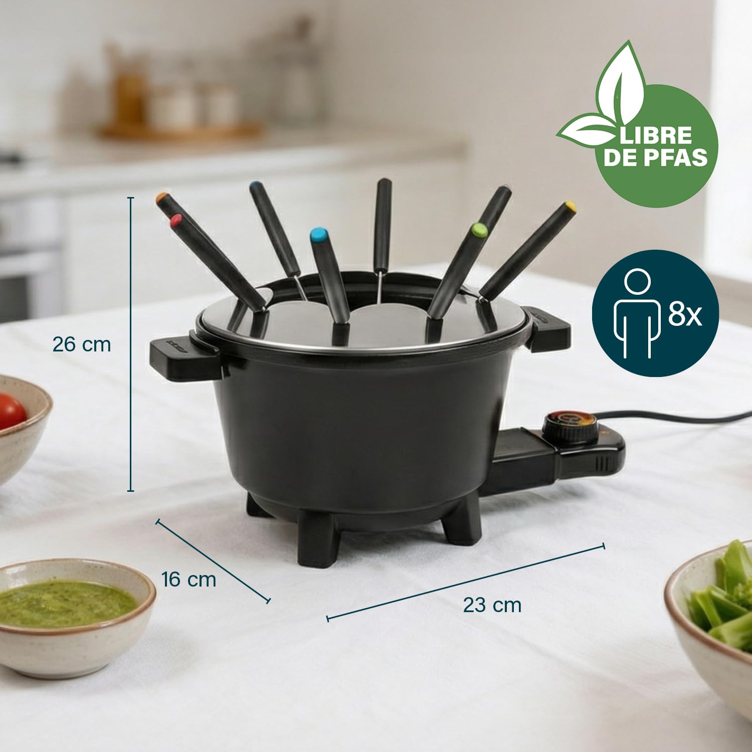 Princess Set de Fondue Negro, Capacidad 1,5L, Termostato Ajustable, Recubrimiento Cerámico, 8 Tenedores Inox, Asas Frías, 800W, Base Antideslizante, 01.173110.01.001