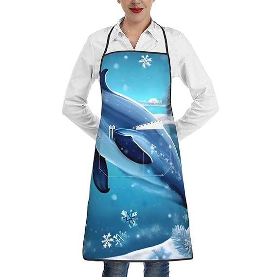 MYGANN Winter The Dolphin Unisex Waterproof Stain Resistant Apron With Pockets For Kitchen Restaurant Hotel Barbecue, White, One Size