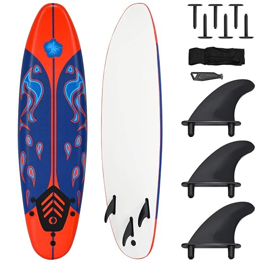 Giantex Surfboard, 6 Ft Stand Up Surfing Board with 3 Detachable Fins, Safety Leash, Non-Slip Lightweight Foam Surfboard for Kids, Teenager, Youth