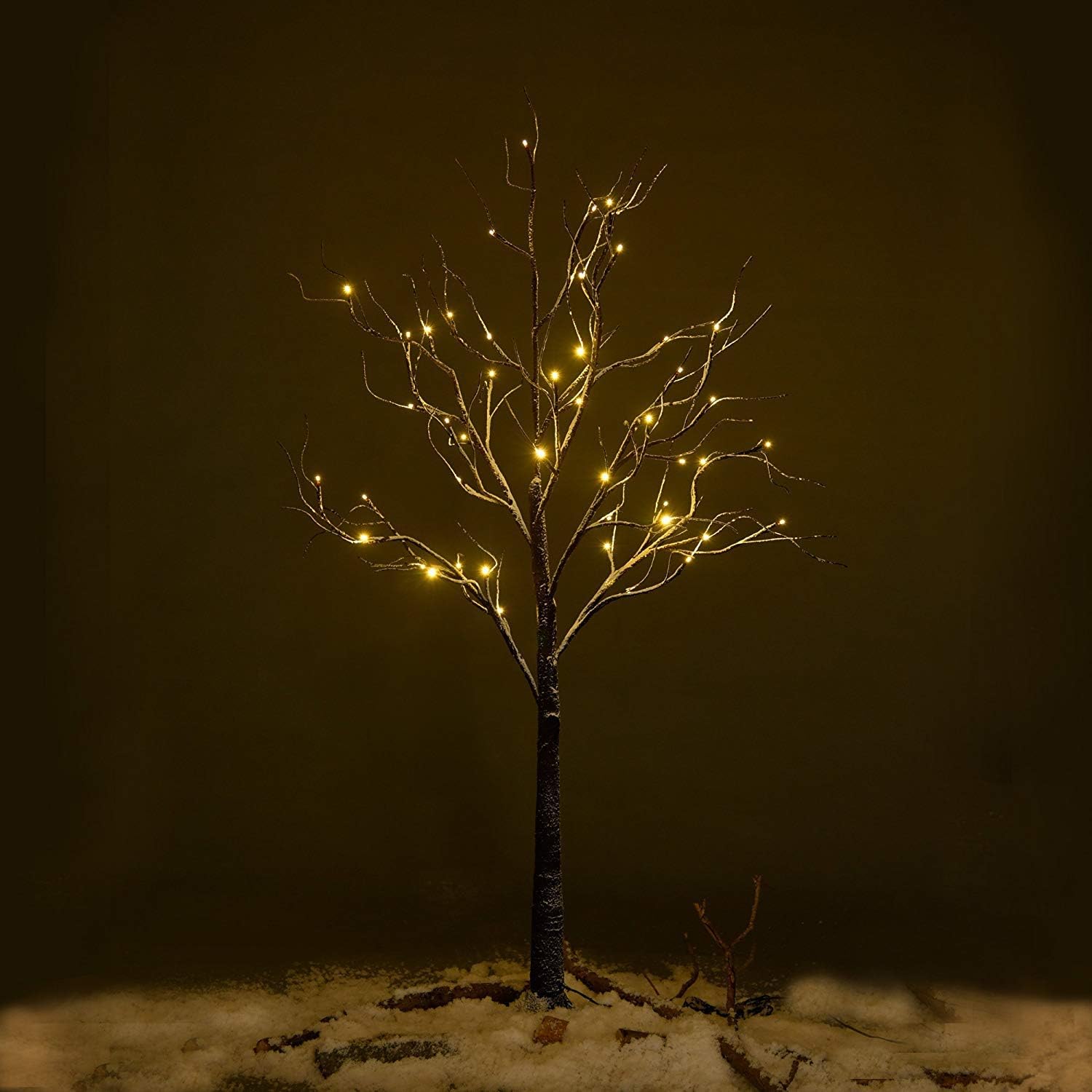 Lighted Dusted Snow Tree 48 LED Lights Warm White Silver Twig White Branches 4 ft Home Festival Party Christmas Decor Indoor Outdoor Use (4 ft)