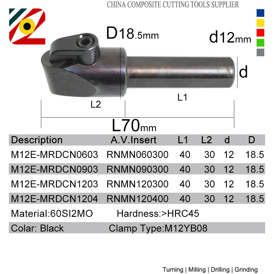 PCD PCBN CBN Round Inserts Tool Holder 12mmX70mm for RNGN120300(D12.7XT3.18mm or 1/2X1/8 inch) Lathe Turning Insert,Engine Cylinder Heads and Blocks Resurfacing Tool (M12E-MRDNN1203)