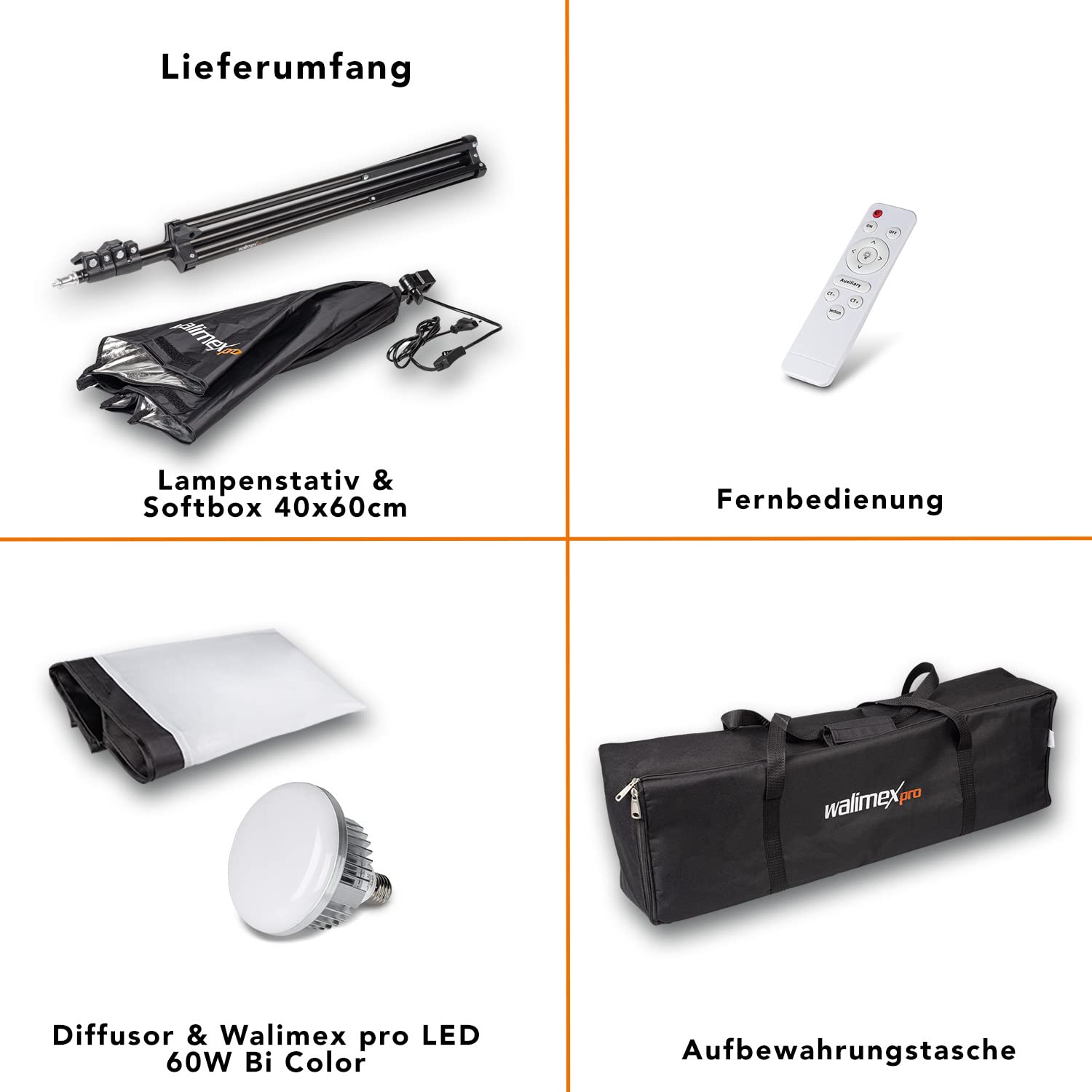 Walimex pro Softbox & Lampenstativ Kit I 40x60cm, 45W Bi Color LED I leistungsstarkes Dauerlicht inkl. Diffusor & Fernbedienung I Farbtemperatur 3.000 – 6.000 K I Für Profi-Fotos & Videos I CRI 95+