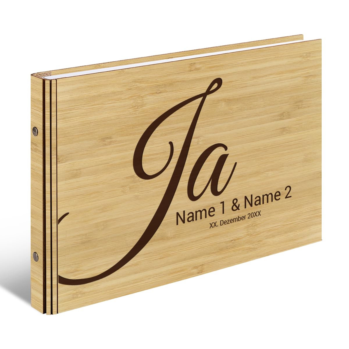 Personalisiertes Hochzeit Gästebuch echtes Holz DIN A4 Hochzeitsbuch mit Lasergravur - Ja - mit 72 Blatt / 144 Seiten Naturpapier Weiß