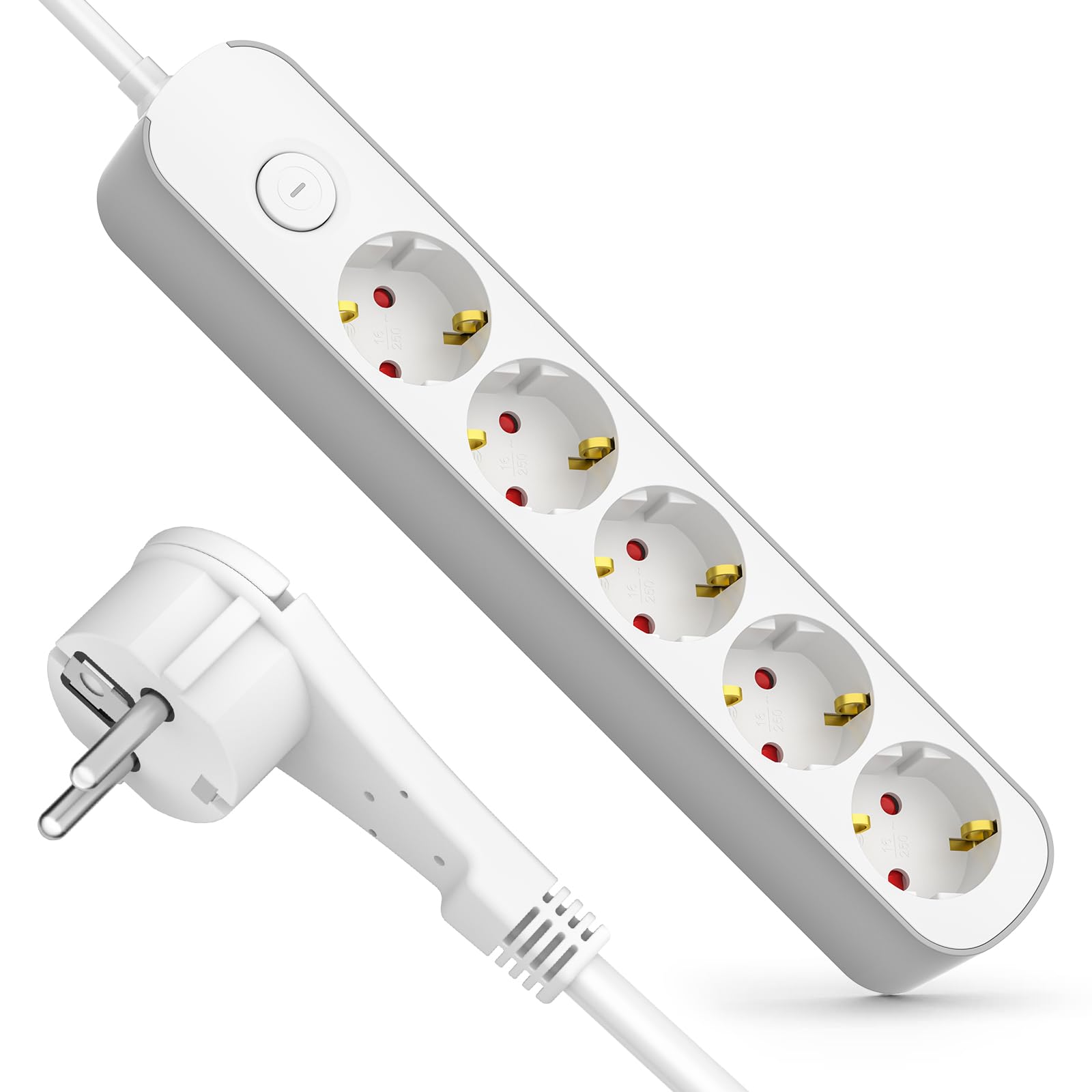 Steckdosenleiste 5-Fach, Mehrfachsteckdose mit Schalter 5M, Flacher Stecker Steckdose mit Kindersicherung, 5Fach Steckdosenleiste für Haushaltsgeräte Computer Handy-Ladung Büro Schlafzimmer Familie