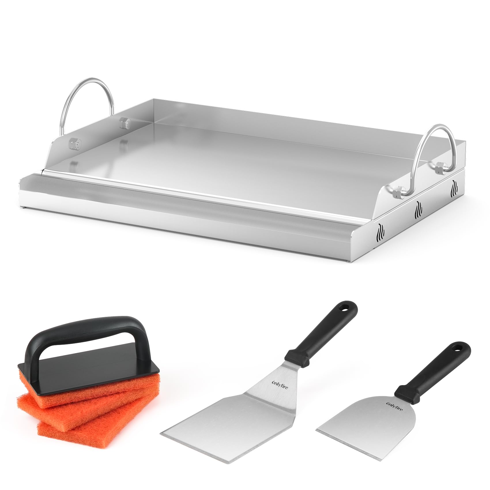 Onlyfire Plaque Plancha en Inox avec Spatules et 2 Éponges de Nettoyage, 50 x32 x7 cm, Plaque de Cuisson Universelle pour Barbecue, Rectangulaire, Poignée Amovible