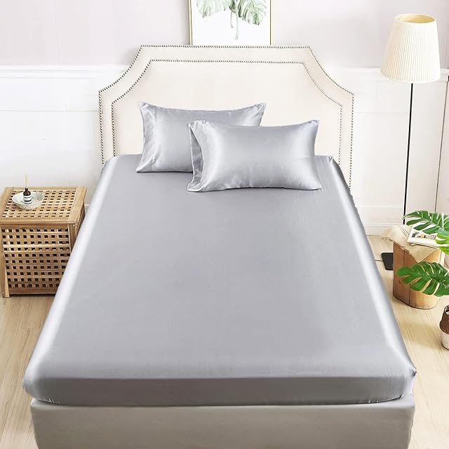 DuShow Satin Fitted Sheet Double Sliver Green,Silky Deep Pocket(35cm) Satin Bed Sheets,Breathable Soft Comfortable Satin Sheets Double,Fitted Sheet Only(Sliver Grey,Double)