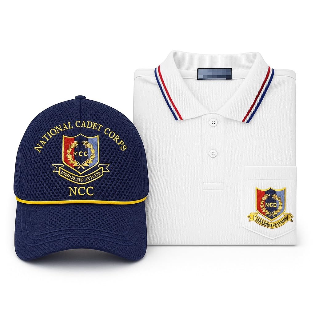 NCC National Cadet Corps Uniform Set, White Cotton Blend Polo T-Shirt with Logo and Navy Blue Cap, Regular Fit, Unisex Adult (IN, Alpha, L, Regular)