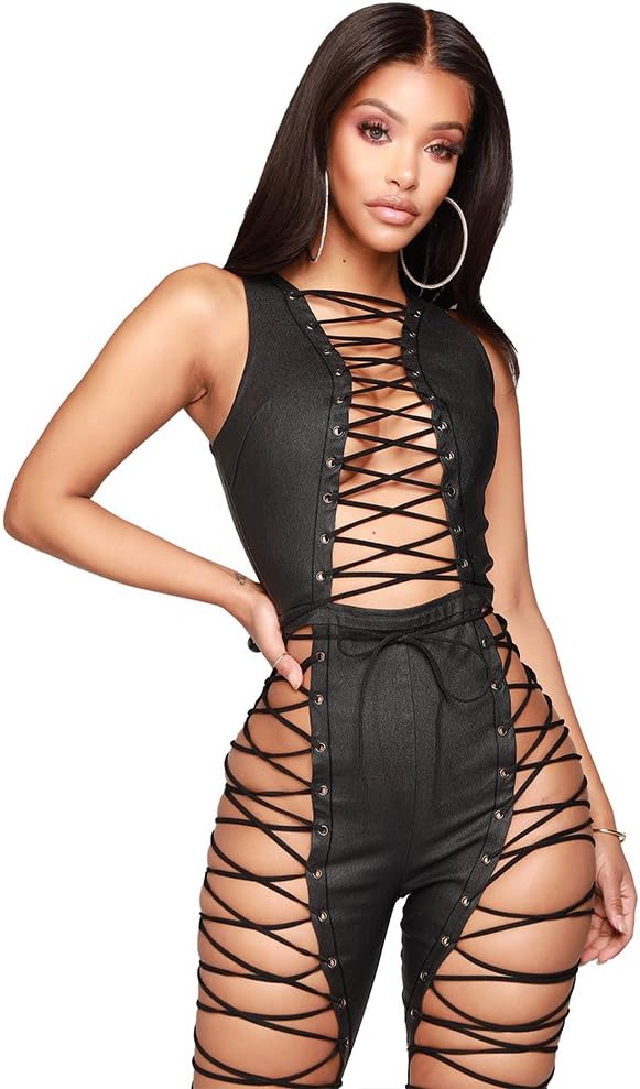 Women Sexy Punk Black Faux Leather Sleeveless Zipper Night Club Jumpsuit Catsuit