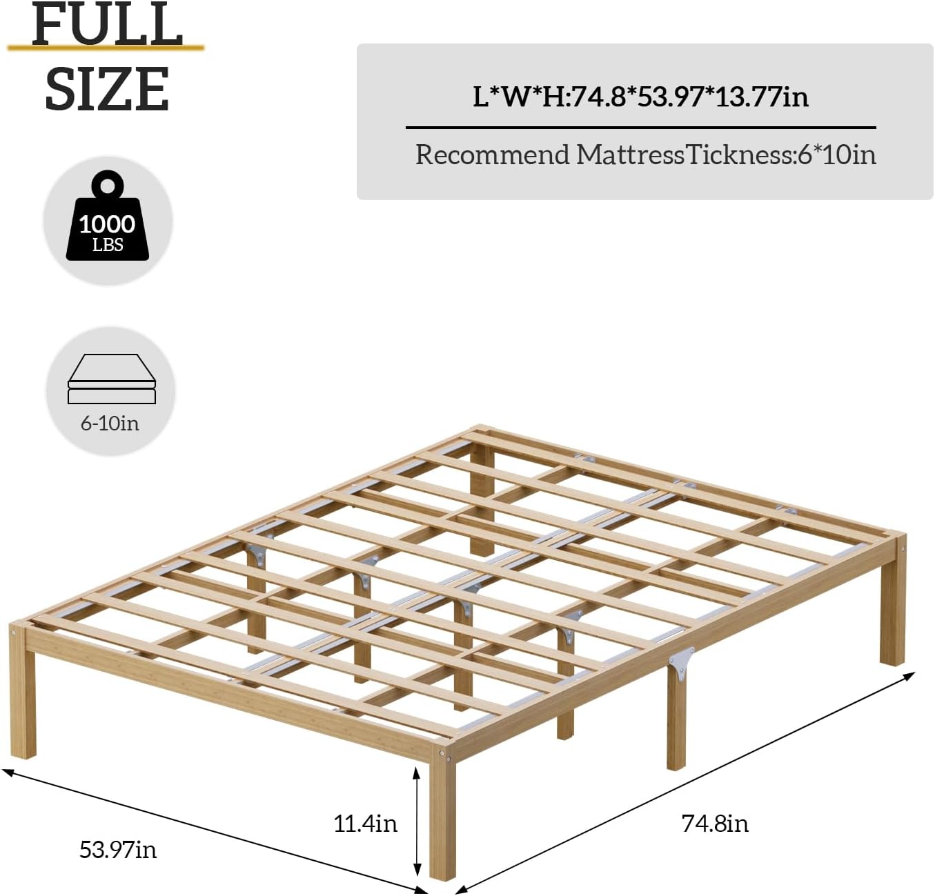 Bamboo Bed Frame Full Size Wood Platform Bedframe Solid Stable with Non-Slip Slats Support Tall Bed No Box Spring Needed Heavy Duty Easy Assembly Noise Free Nature - Image 2