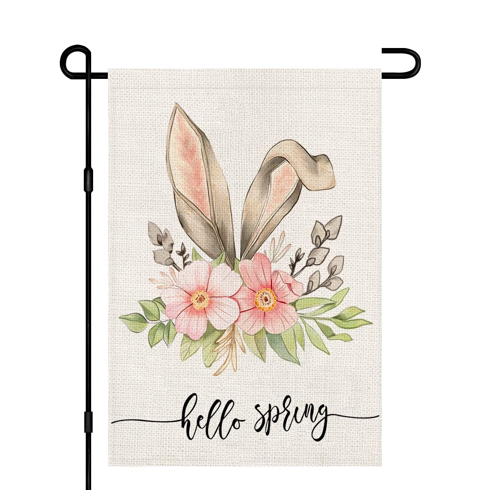 Hello Spring Bunny Floral Garden Flag 12×18 Inch Burlap Double Sided Outside, Seasonal Sign Yard Outdoor Decoration DF249