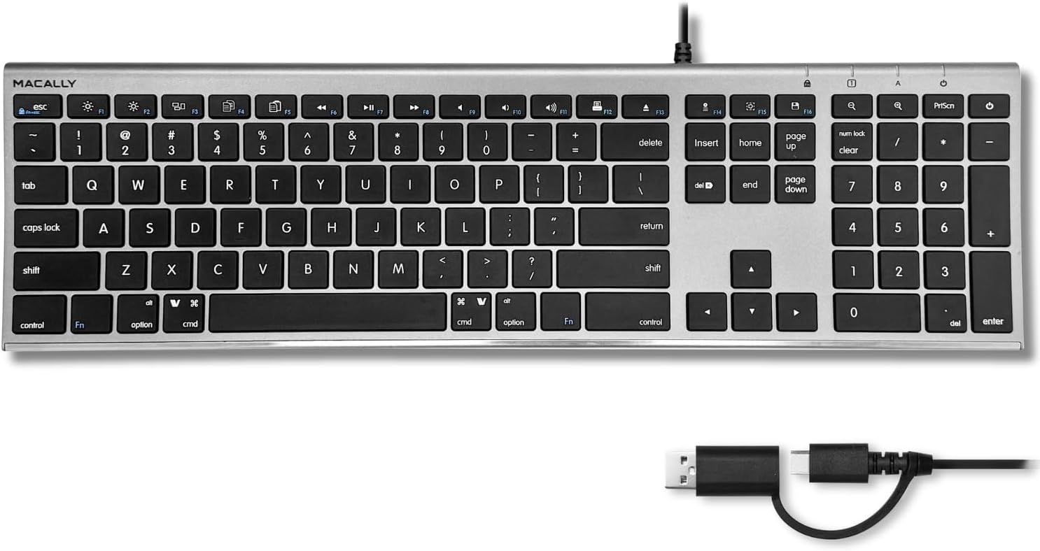 Macally USB C Keyboard (Upgraded) - Dual USB A + C Plug - Wired Keyboard for Mac - Ultra Slim, 20 Shortcuts, 110 Scissor Keys - for MacBook Pro/Air, Mac mini, iMac, iPad - Silver