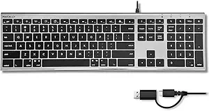 Macally USB C Keyboard (Upgraded) - Dual USB A + C Plug - Wired Keyboard for Mac - Ultra Slim, 20 Shortcuts, 110 Scissor Keys - for MacBook Pro/Air, Mac mini, iMac, iPad - Gray