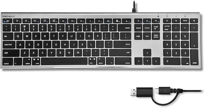Macally Wired Keyboard for Mac Upgraded Dual USB A + C Plug - USB C Keyboard - Ultra Slim, 20 Shortcuts, 110 Scissor Keys - Compatible with Apple MacBook Pro/Air, Mac mini, iMac, iPad - Space Gray